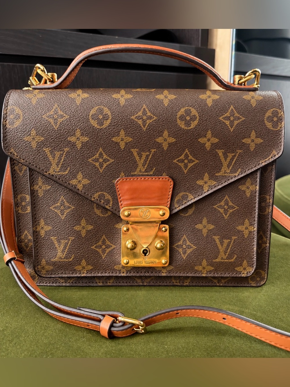 Louis Vuitton Brown Monogram Top Handle Satchel with Tan Trim